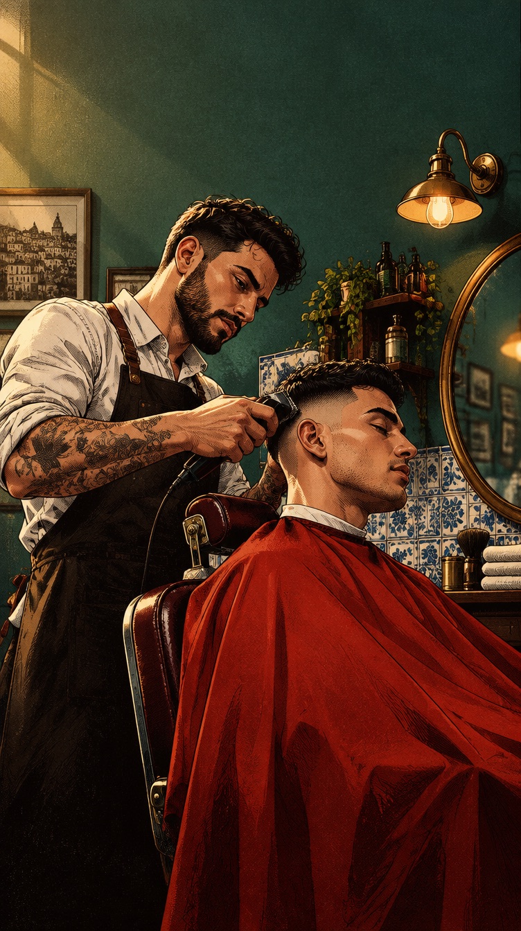Barbeiro a fazer um fade numa barbearia em Lisboa